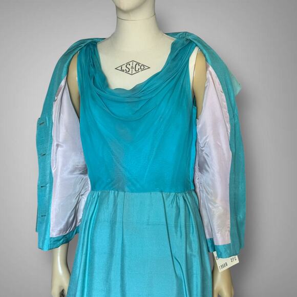 Vintage 1950s Silk Shantung Dress and Jacket Set Blue Green Georgette Trilère - Picture 14 of 16
